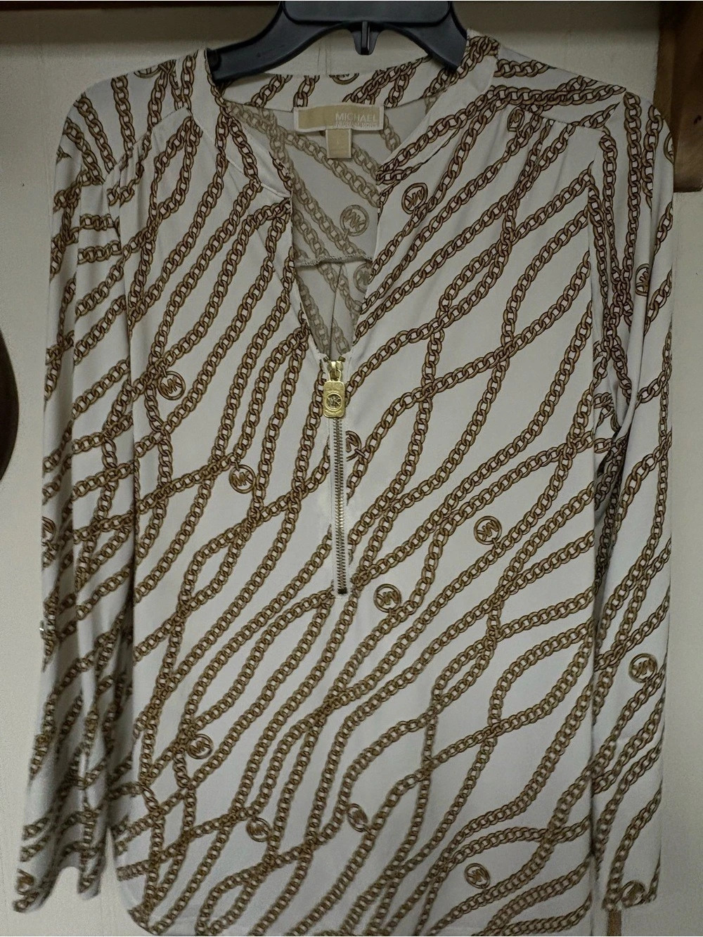 Michael Kors Gold Chain Print Zip-Front Long Sleeve Blouse White & Brown Large